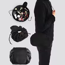 Makeup bag closed with drawstring pulled tight