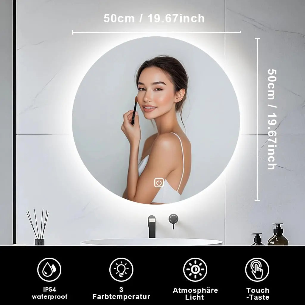 50cm LED Backlit Round Bathroom Mirror — Dimmable Wall Mirror